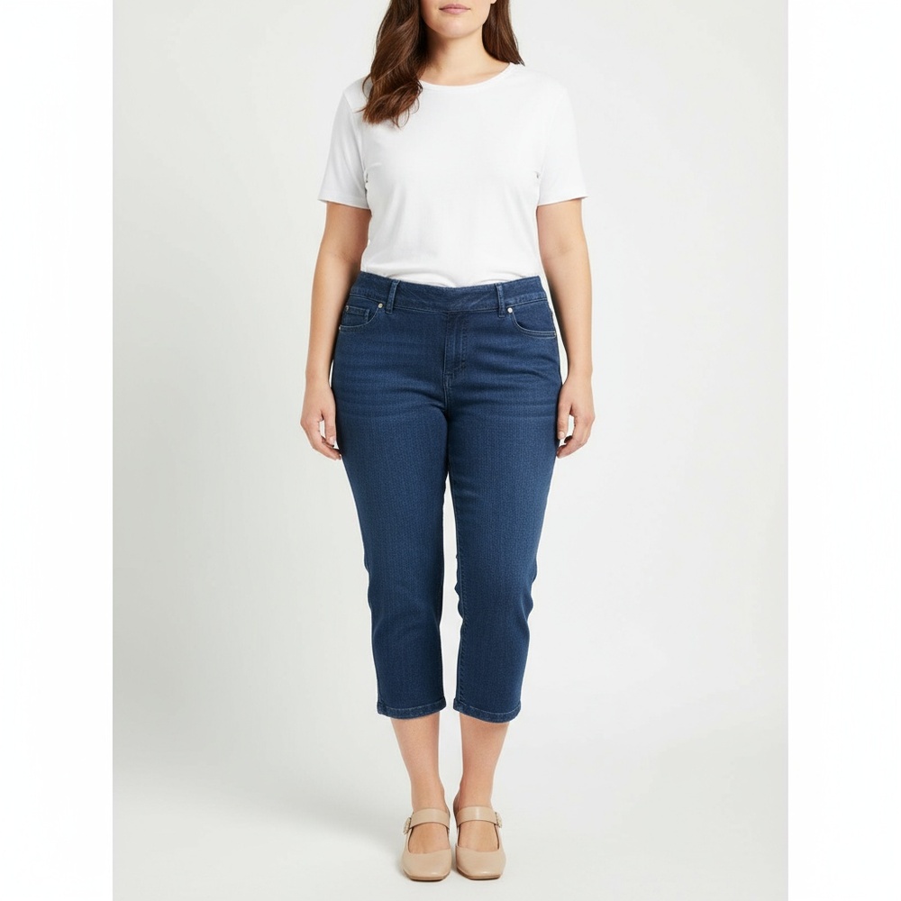 Woman Within Womens Capri Jeans Size 14W Dark‎ Blue Elastic Waist Stretch Denim